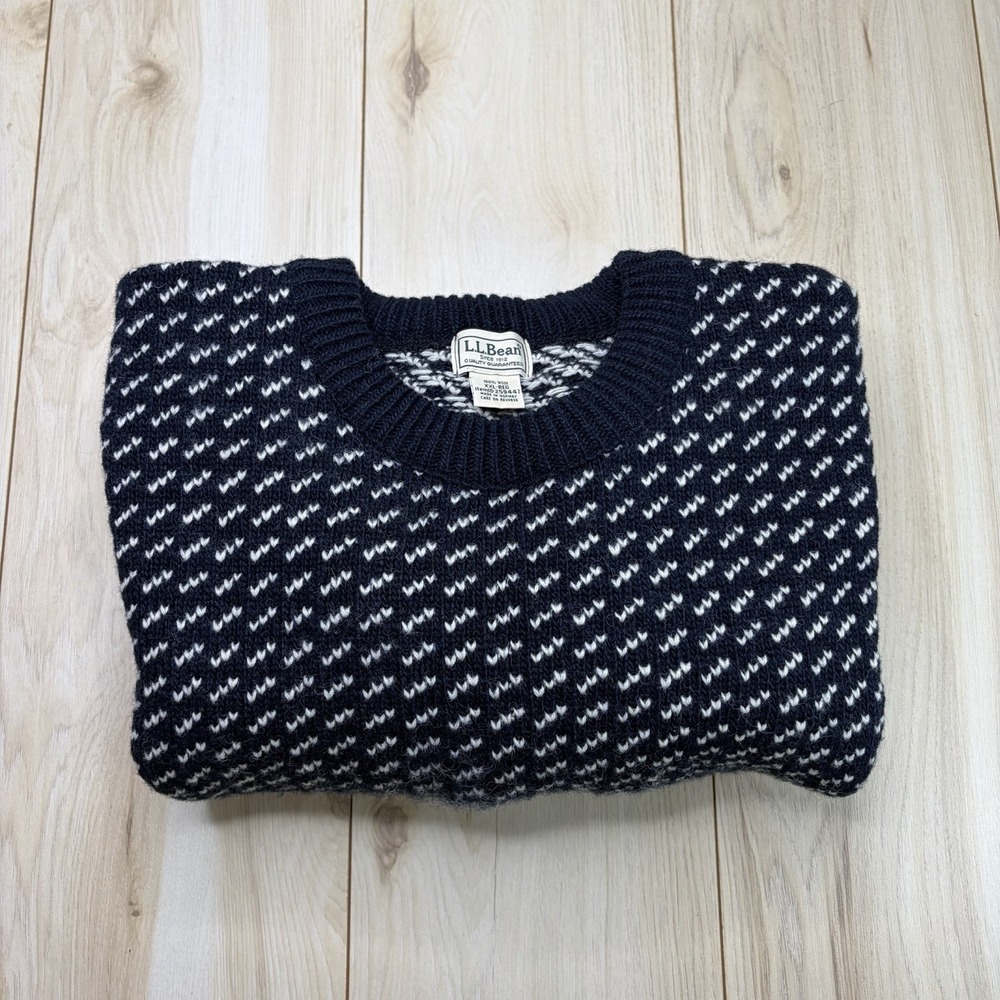 Vintage L.L.BEAN NORWAY Birdseye Navy Blue Thick Wool Knit Sweater Men's XXL